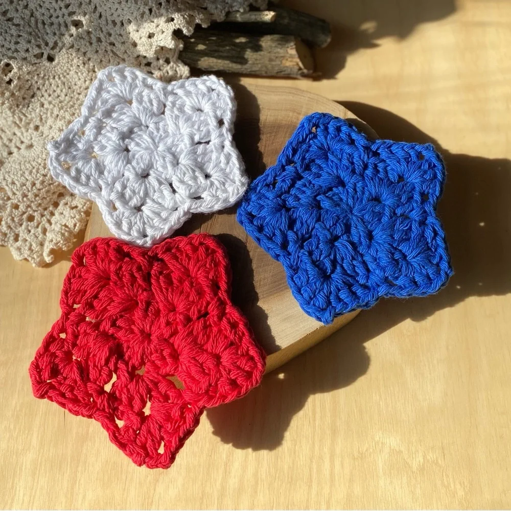Handmade red, white and blue stars cotton Crochet Coasters Set